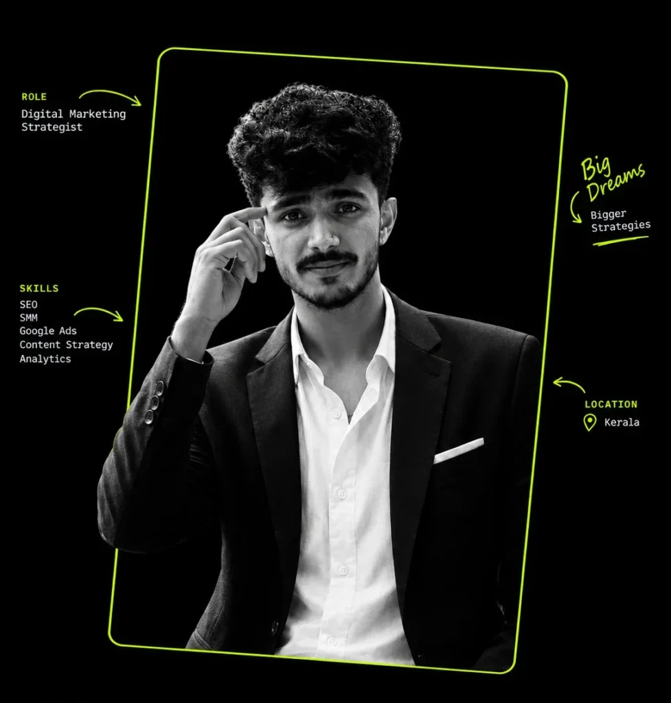 “Rahan, a digital marketing strategist from Kerala, showcasing SEO, SMM, Google Ads, content strategy, and analytics skills.”